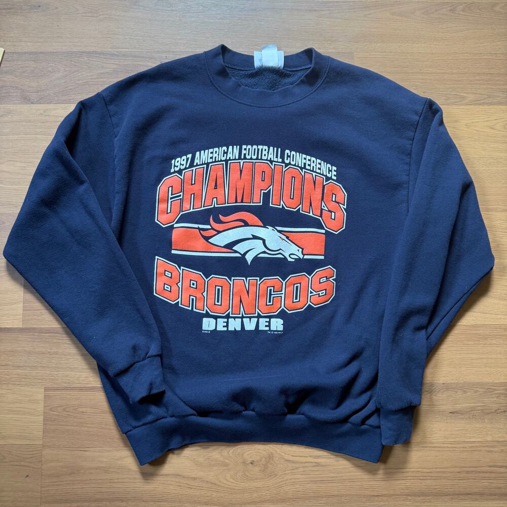 Vintage 1997 Denver Broncos AFC Champions Blue Crewneck Pullover Sweatshirt Sz L